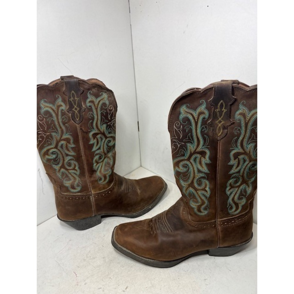 Justin Brown Leather Western Cowboy Boots Teal Embroidery Square Toe 9B - Picture 5 of 10